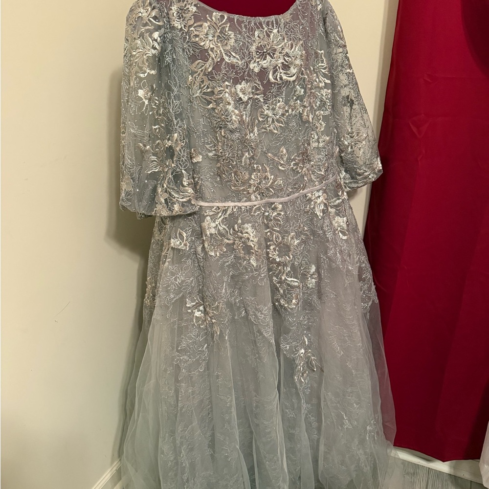 Mac Duggal Plus Size 22 Gray High Neck Puff Sleeve Embellished Dress
